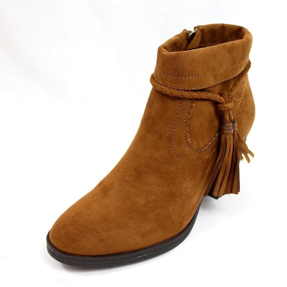 Tan Suede Tassel Chunky Heeled Almond Toe Bootie - Picture 2 of 4